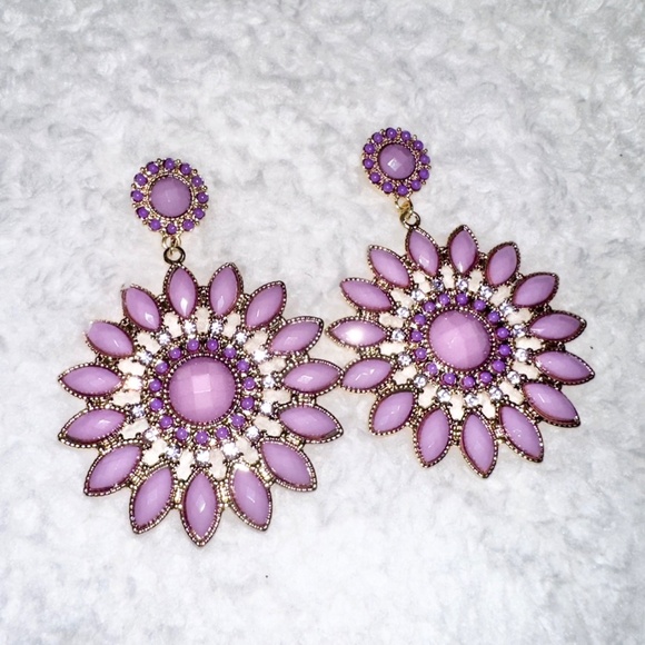 Purple Rhinestone & Gold-toned Flower Statement Drop Earrings - Picture 2 of 3